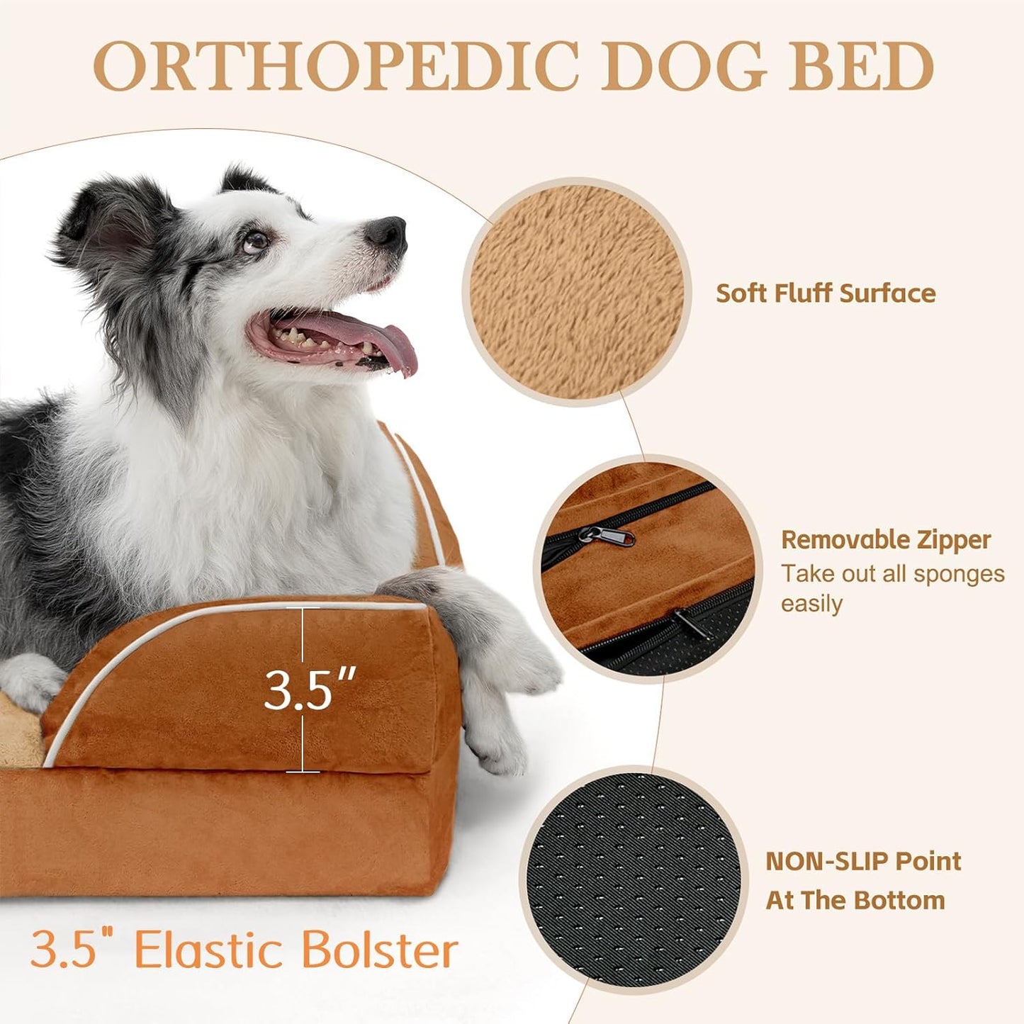 Comfort Expression Small Dog Beds Waterproof Orthopedic Foam Dog Sofa Beds for Small Dogs Comfy Pet Bed with Washable Removable Cover & Non-Slip Bottom(X-Small,Caramel)