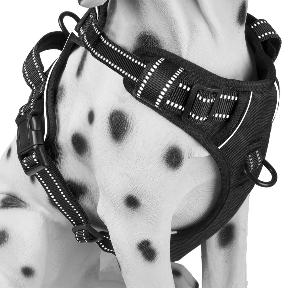 PoyPet No Pull Dog Harness, Reflective Comfortable Vest Harness with Front & Back 2 Leash Attachments and Easy Control Handle Adjustable Soft Padded Pet Vest for Small to Large Dogs (Black,XL)
