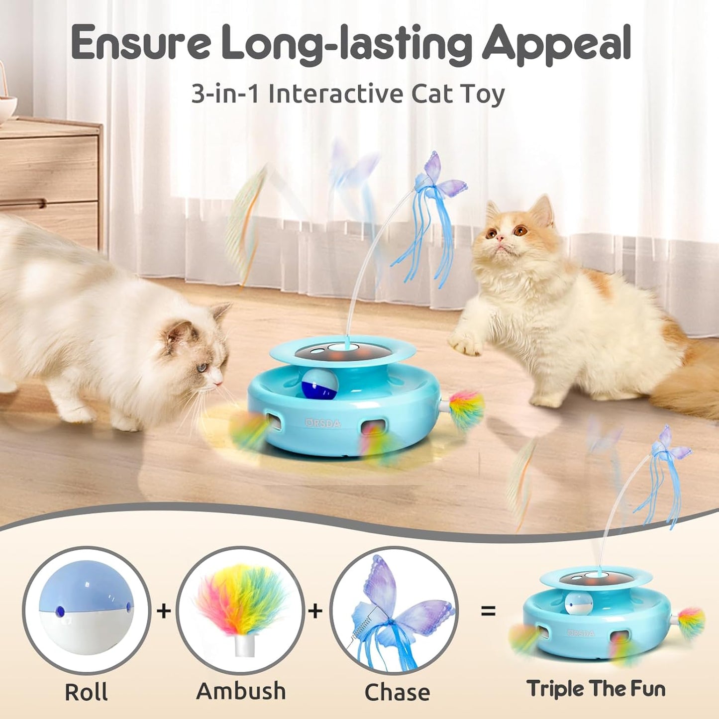 ORSDA Cat Toy, 3-in-1 Automatic Interactive Electronic Moving Ambush Feather, Fluttering Butterfly, Track Balls, USB Rechargeable Powered Smart Indoor Exercise Kicker
