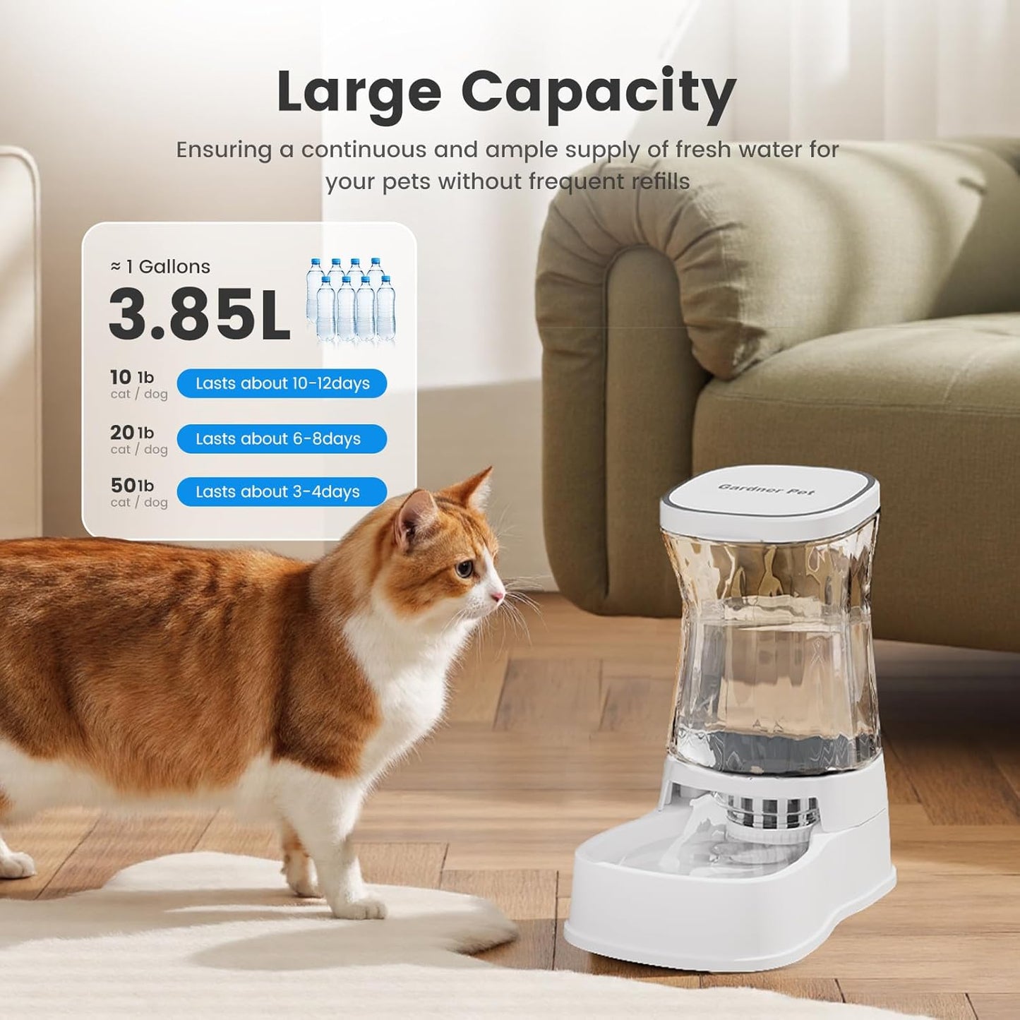 Gardner Pet Automatic Gravity Water Dispenser for Dogs, 1.0Gallon 100% BPA-Free Dog Water Bowl Dispenser, Pet Water Fountain Dispenser with Sponge Filter for Small&Medium Dogs, Cats, Puppies(White)