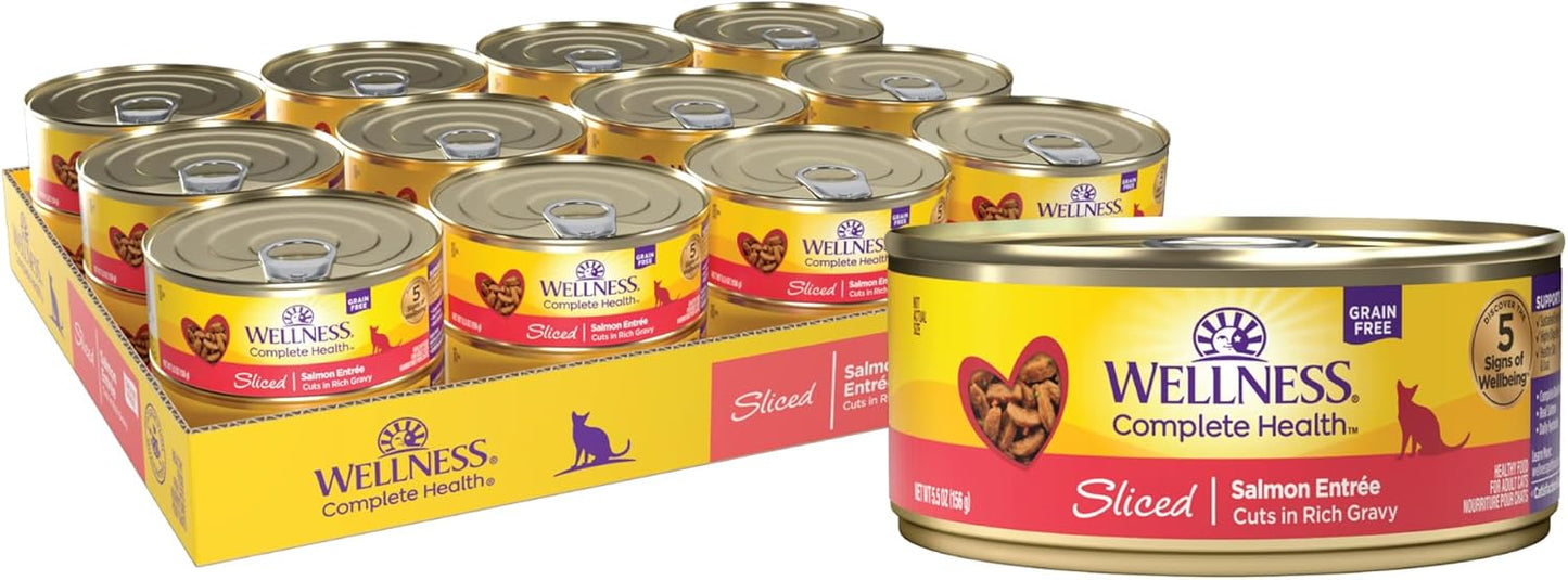 Wellness Complete Health Sliced Adult Wet Cat Food, Natural, Protein-Rich, Grain Free, 5.5 Ounce, 24 Pack, (Salmon Entrée)