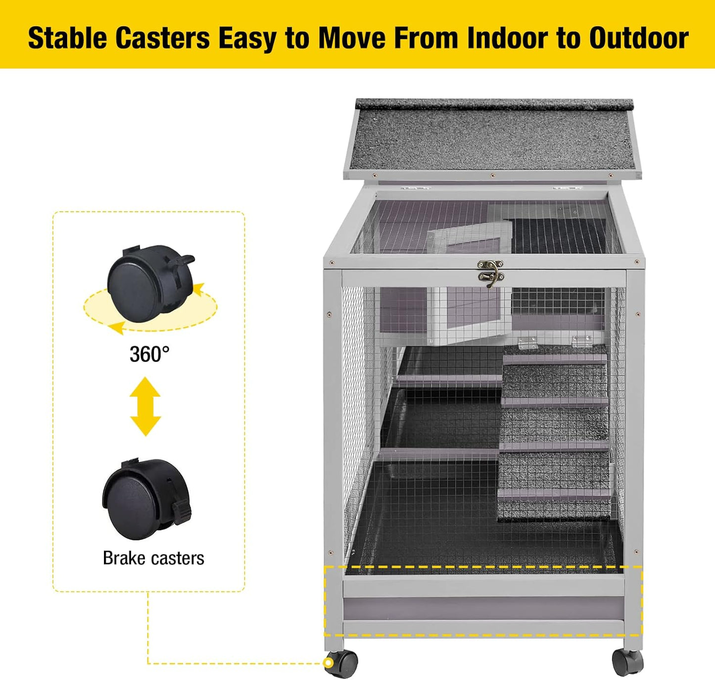 Aivituvin Rabbit Hutch 93.7" Large Rabbit Cage Indoor Outdoor Guinea Pig Cage Chicken Coop on Wheels Bunny Cage with 4 Deep No Leakage Pull Out Tray,Waterproof Roof