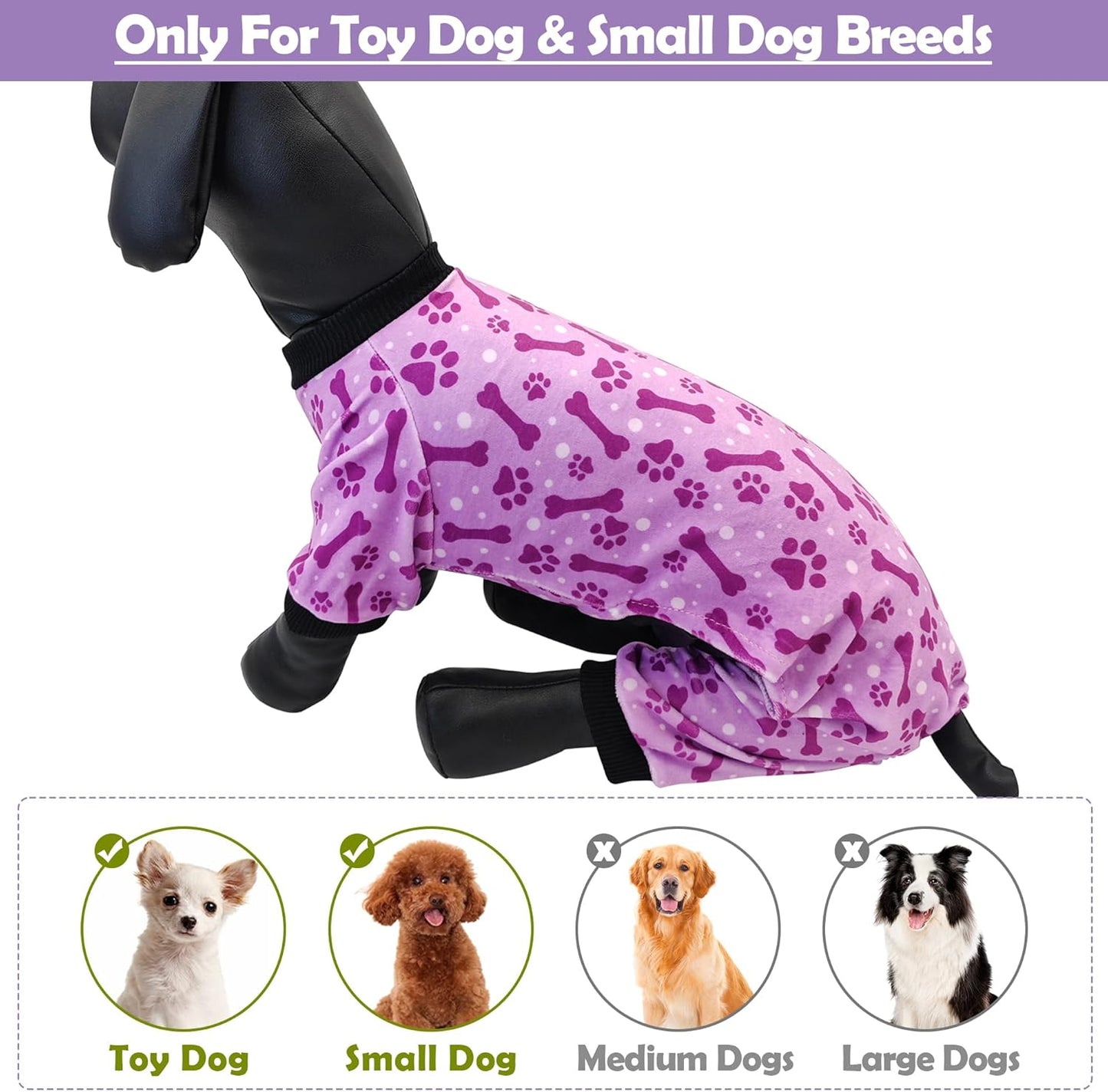 PET SHOW 4 Pack Small Dog Pajamas Paw Bone Patterns Cute Clothes for Medium Dogs Soft Fleece Stretchy PJs 4 Legged Jumpsuit Puppy Cats Onesies Outfits with Sleeve Dachshund Doggies Girl Boy (Large)