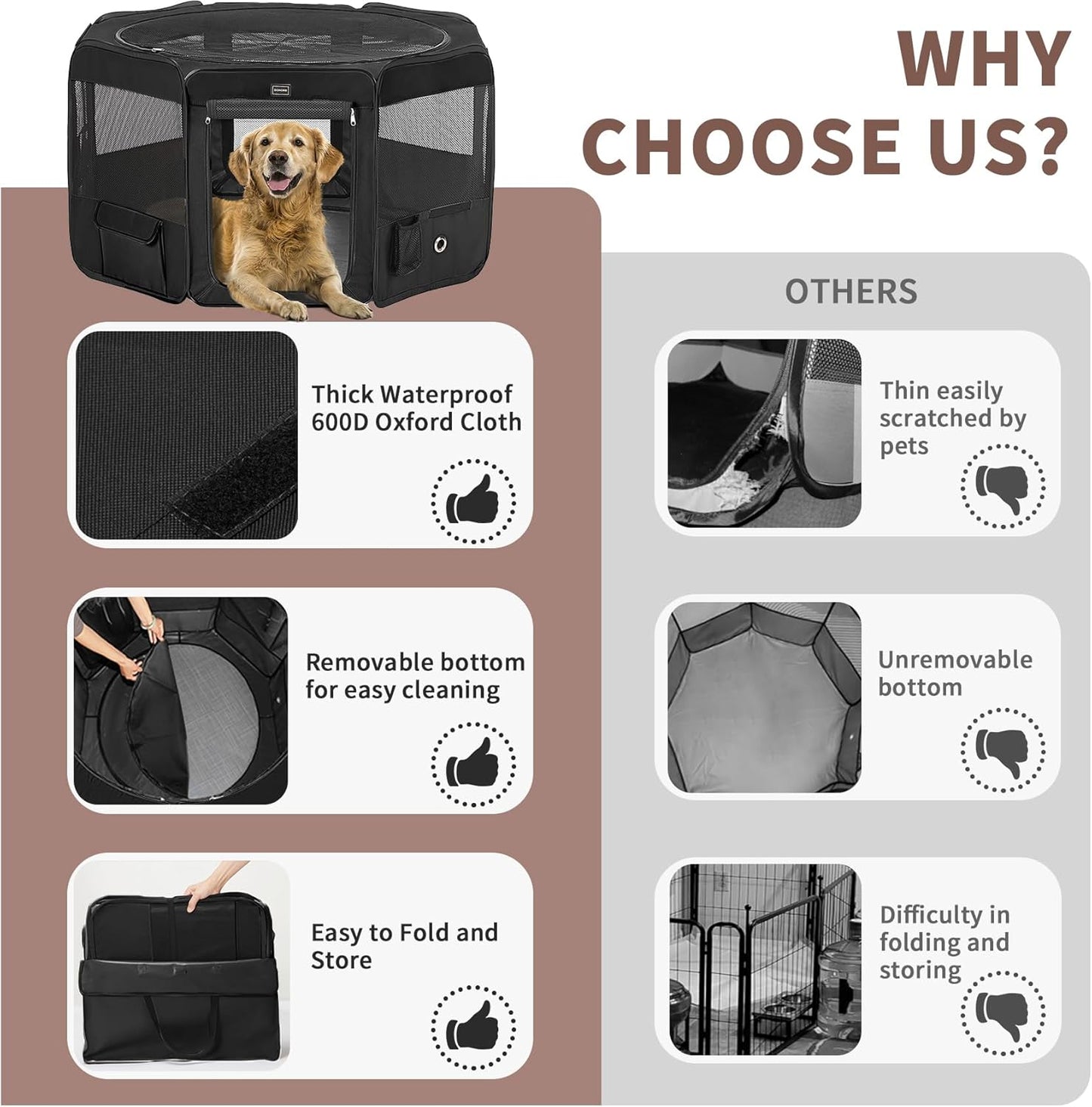 DONORO Dog Playpen Portable Pet Play Pens for Small Dog/Cat/Rabbit/Chicks, Cat Playpen Indoor/Outdoor with Carring Case, Removable Zipper Top and Bottom (Black, Large (46"x46"x23"), 8)