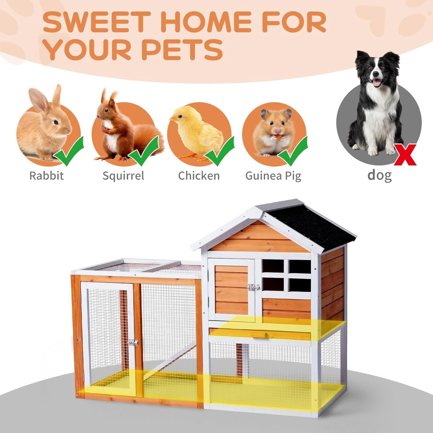 Outvita Rabbit Hutch, Small Wood Chicken Coop, 48" Guinea Pig Cage w/Pull-Out Tray, Waterproof Asphalt Roof, Chicken Run, Interactive Door for Small Animal Pen Outdoor