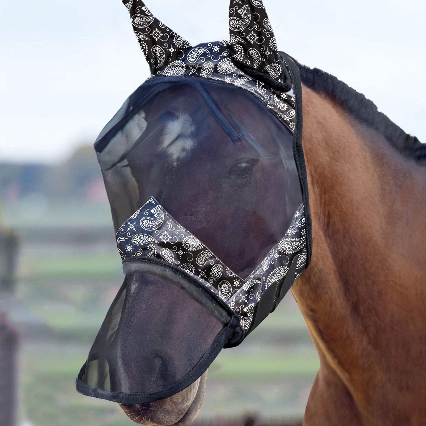 Harrison Howard LumiVista Horse Fly Mask Long Nose with Ears UV Protection for Horse Pine Cones L Full Size