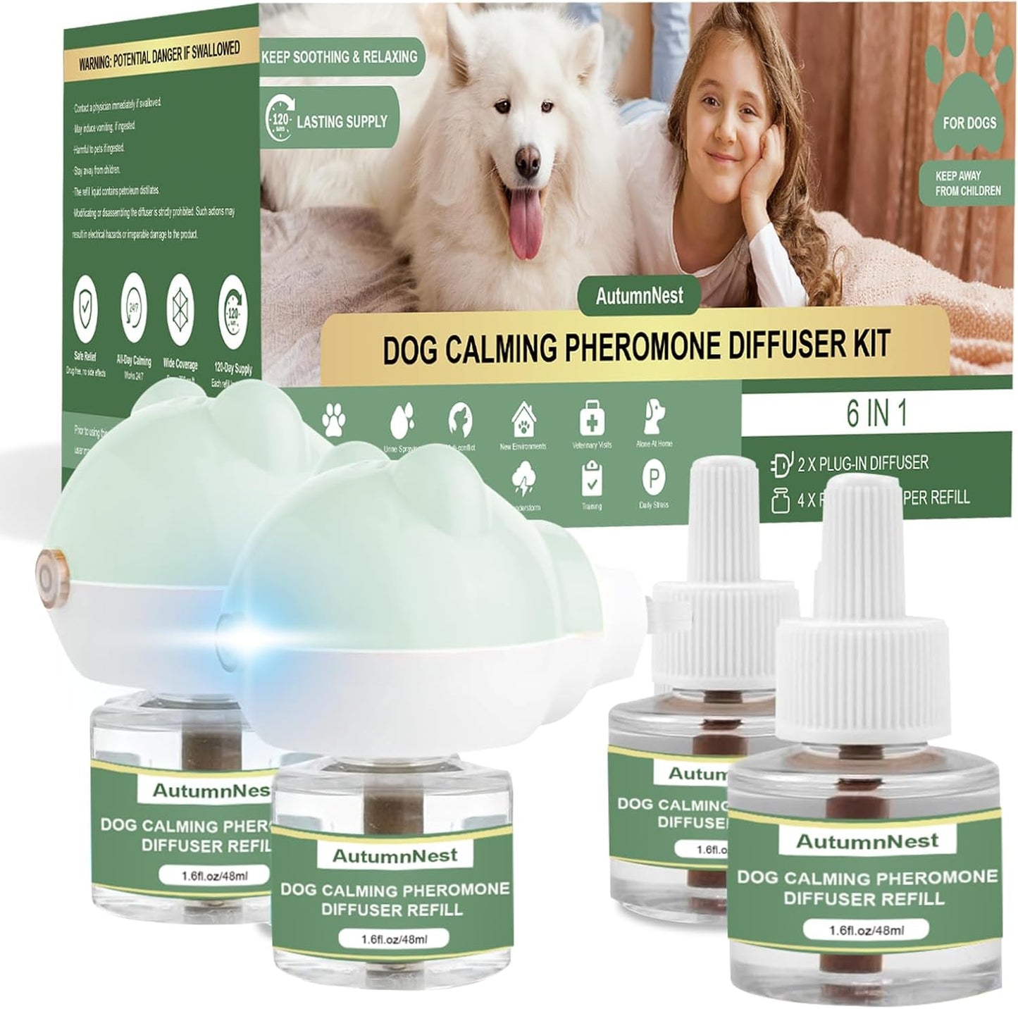Dog Pheromone Diffuser Kit, Pet Diffuser for Stress Support, Reduces Stress and Promotes Relaxed Behavior, 2 Plug-in + 4 Packs Refill, 120 Day Supply (Non-Toxic, Safe & Inedible), Diffuser with Light