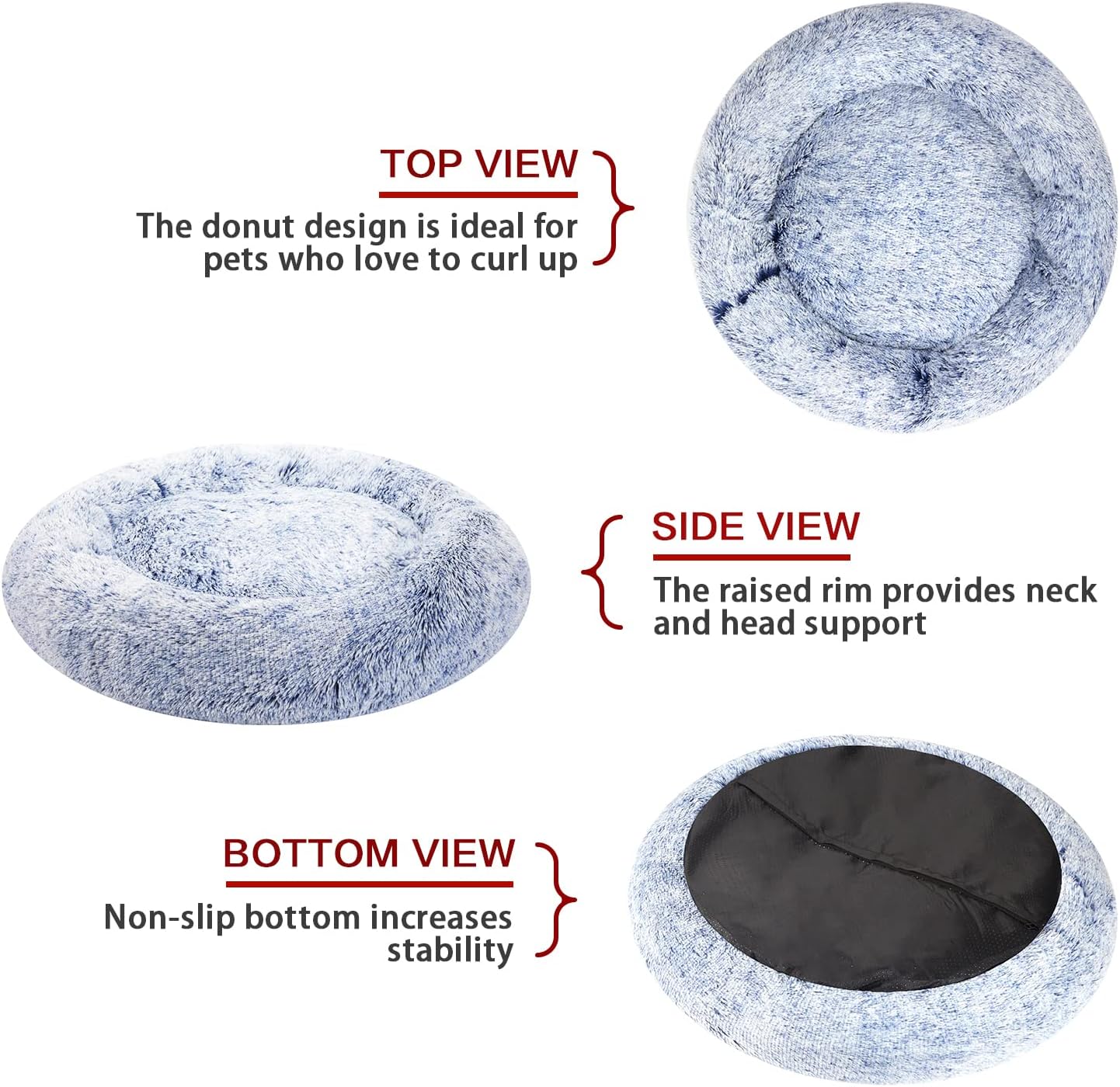 Bedfolks Calming Donut Dog Bed - 45 Inch Round Plush Dog Bed, Anti-Anxiety, Washable & Non-Slip (Navy Blue, Extra Large)