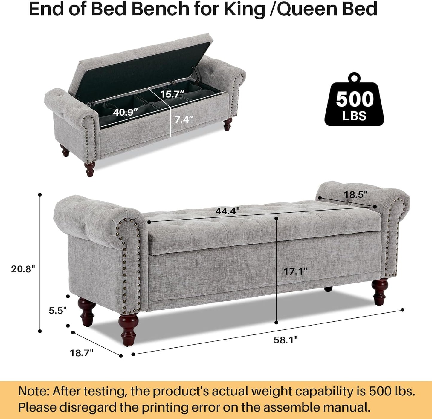 58.1'' Storage Bench Upholstered Chenille End of Bedroom Bed Bench Ottoman with Tufted Cushioned Rolled Arm Large Storage Space for Reading Living Room Entryway, Light Grey
