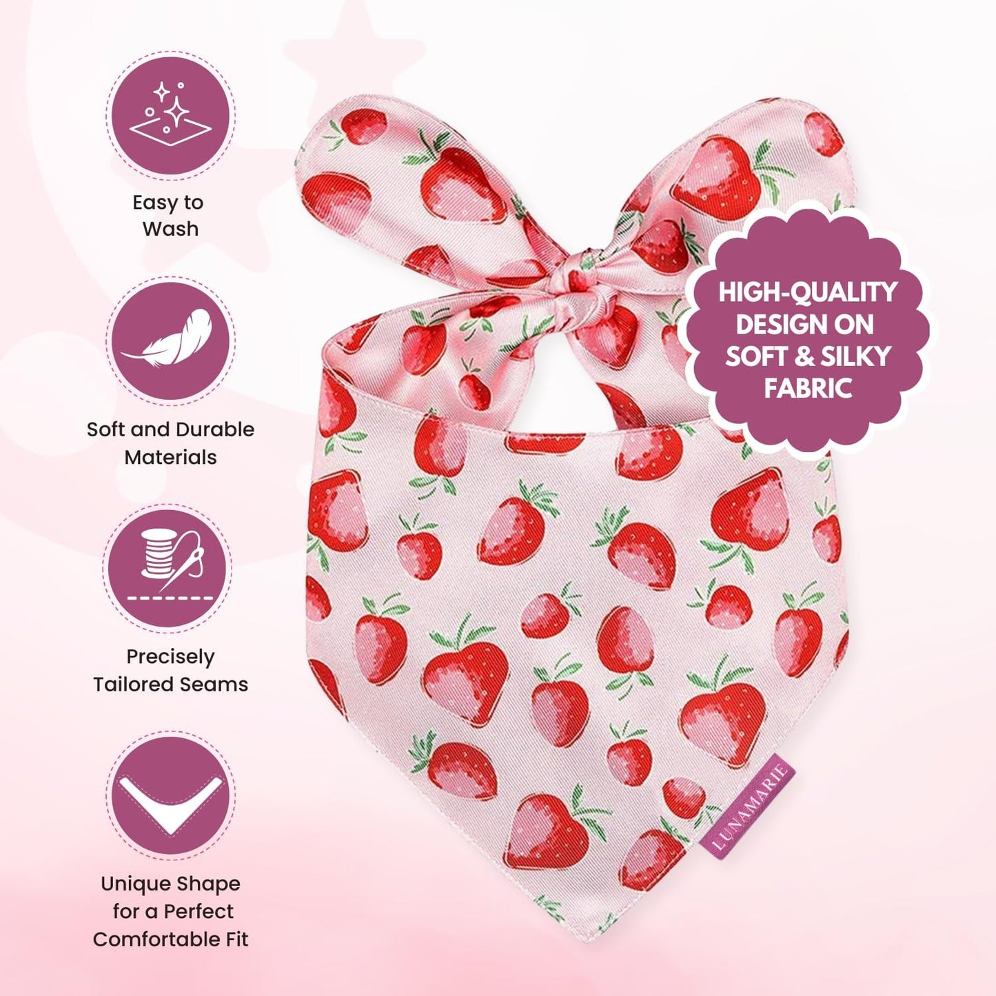 LunaMarie - Luxury Dog Bandanas - Cute Unique Designs | Premium & Silky Poly Fabric | 100% Handmade Custom Shape Dual Layered Small, Medium, Large Cat Scarf (Strawberry, Medium)