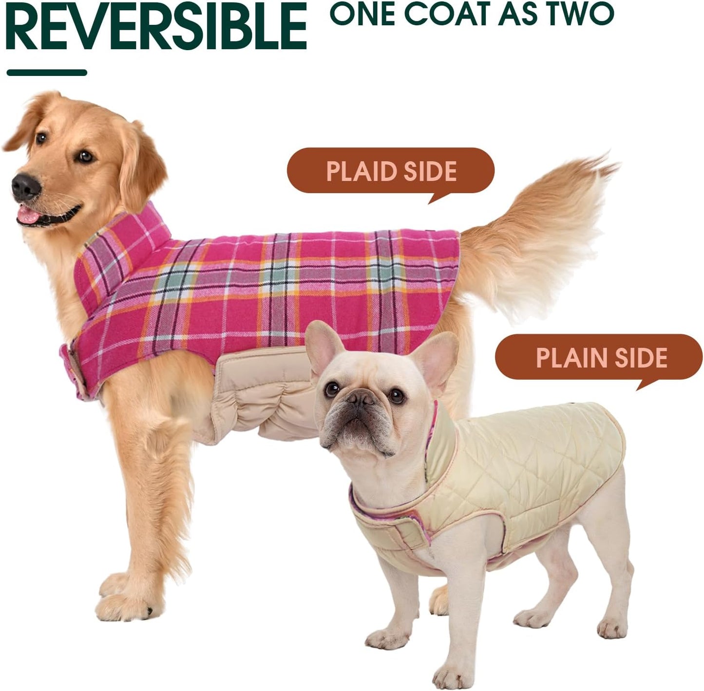 Kuoser Waterproof Dog Coat, Reversible Dog Jacket for Medium Dogs, Adjustable Durable Doggie Winter Coat Warm Puppy Cold Weather Apparel from Small to Large Breed, Rose M