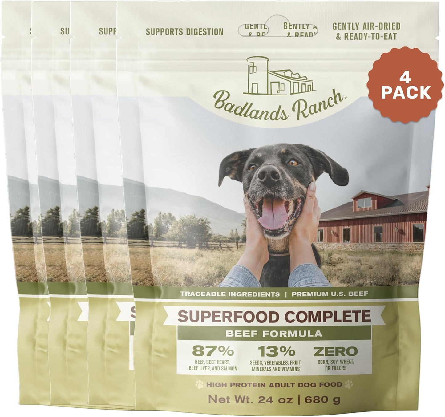 BADLANDS RANCH by Katherine Heigl- Superfood Complete, Air-Dried Adult Dog Food - High Protein, Zero Fillers, Superfood Nutrition (24 Ounce (Pack of 4), Beef)