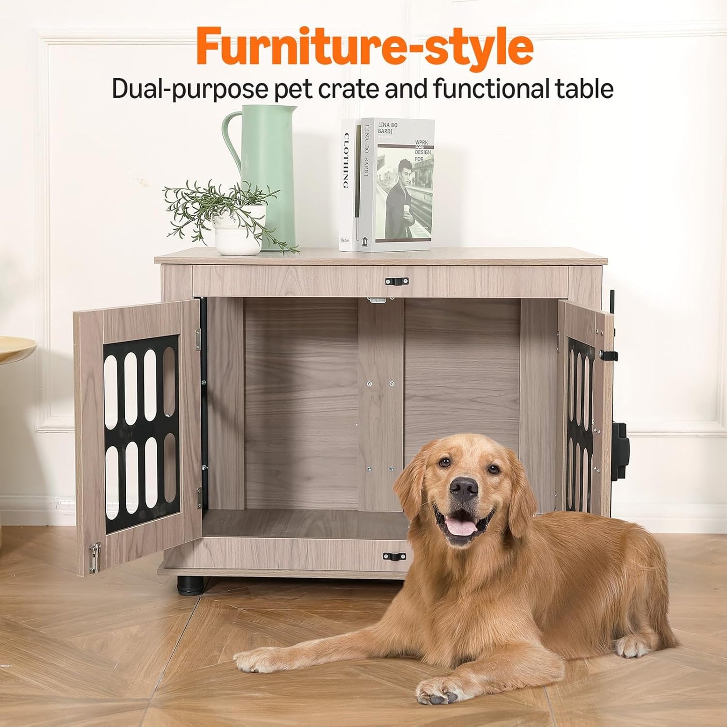 Amazon Basics Heavy Duty Dog Crate Furniture for Small Dogs, Wooden Decorative Dog Kennel Cage Indoor with Safety Lock, 32.5" L x 25.6" W x 21.9" H