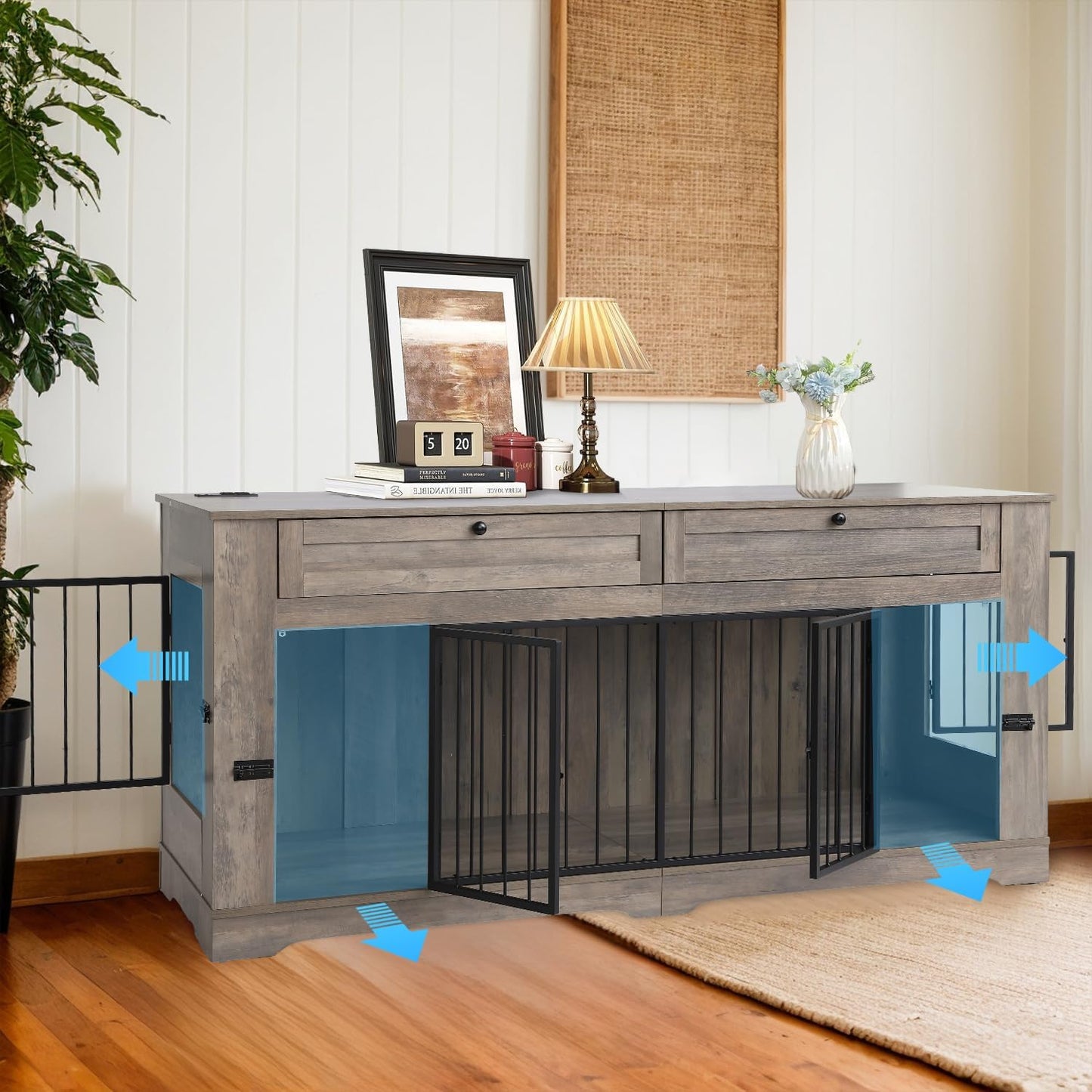 Large Dog Crate Furniture-Decorative Heavy Duty Dog Cage Indoor, Wooden Dog Cage End Table with Charging Station, Dog House with 2 Drawers (Gray, 70.86''L)