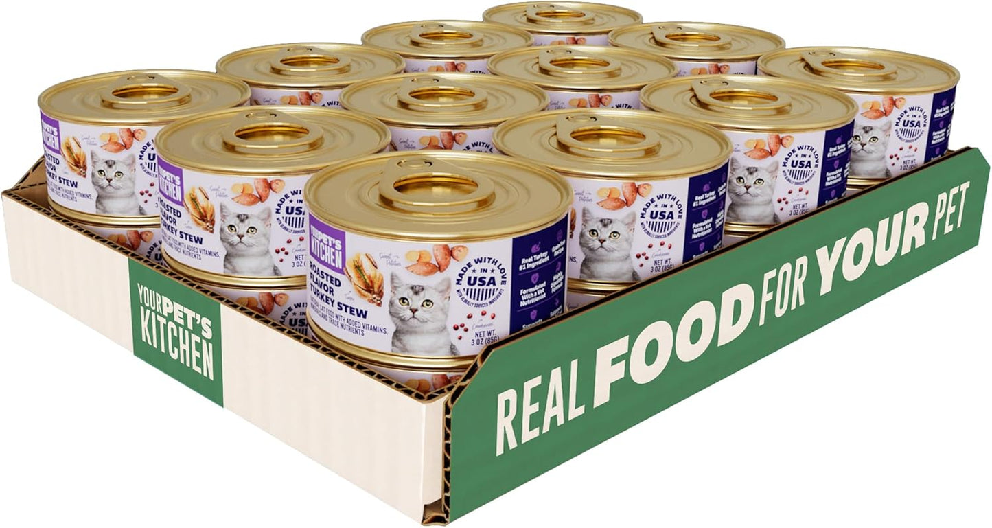YOUR PET'S KITCHEN Canned Wet Cat Food, Roasted Flavor Turkey Stew - 3 oz Cans (Pack of 24), Made in The USA with Real Turkey