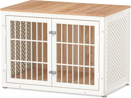 38" Heavy Duty Dog Crate Furniture for Large and Medium Dogs,Wooden Metal Kennel for High Anxiety Dogs, Chew Proof Pet Cage Indoor, Decorative Dog Kennel End Table, White