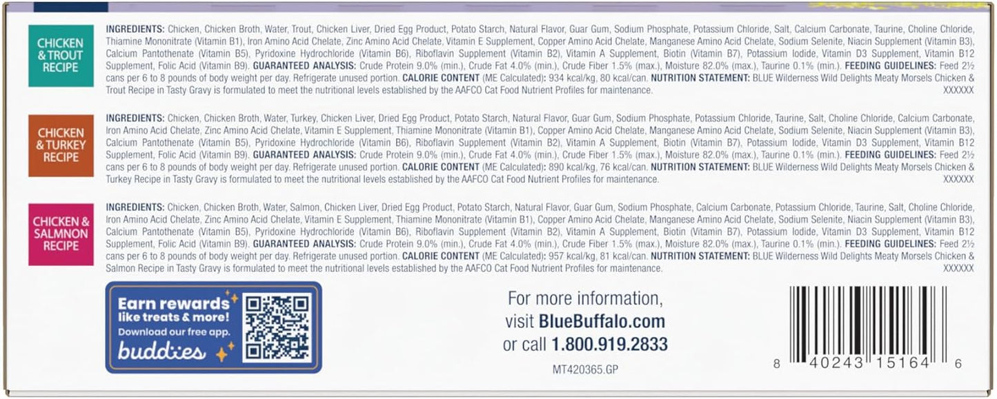 Blue Buffalo Wilderness Wild Delights High Protein Grain Free, Natural Adult Meaty Morsels Wet Cat Food, Ⲥhicken & Turkey, 𝙲hicken & Trout, 𝐂hicken & Salmon 3-oz cans (12 count - 4 of Each Flavor)