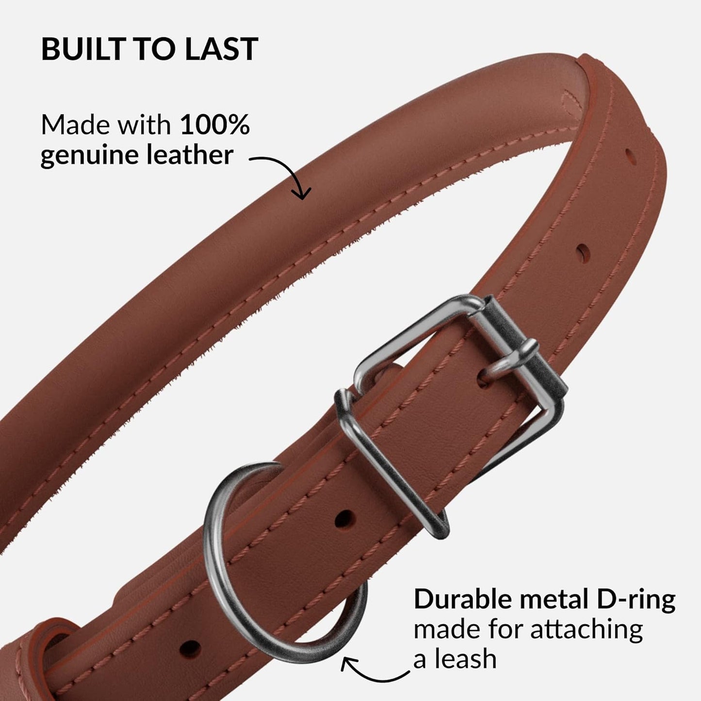 CollarDirect Rolled Leather Dog Collar, Soft Padded Round Puppy Collar, Handmade Genuine Leather Collar Dog Small Large Cat Collars 13 Colors (15-19 Inch, Cinnamon Smooth)
