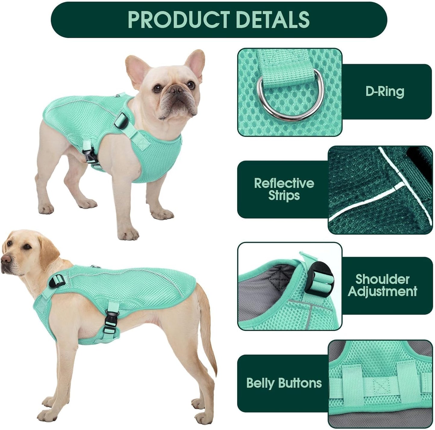 Kuoser Dog Cooling Vest for Large Dogs, Lightweight Doggie Cooler Jacket Breathable Mesh Pet Cooling Shirts Reflective Puppy Cool Harness for Beach, Hiking, Walking Green XL
