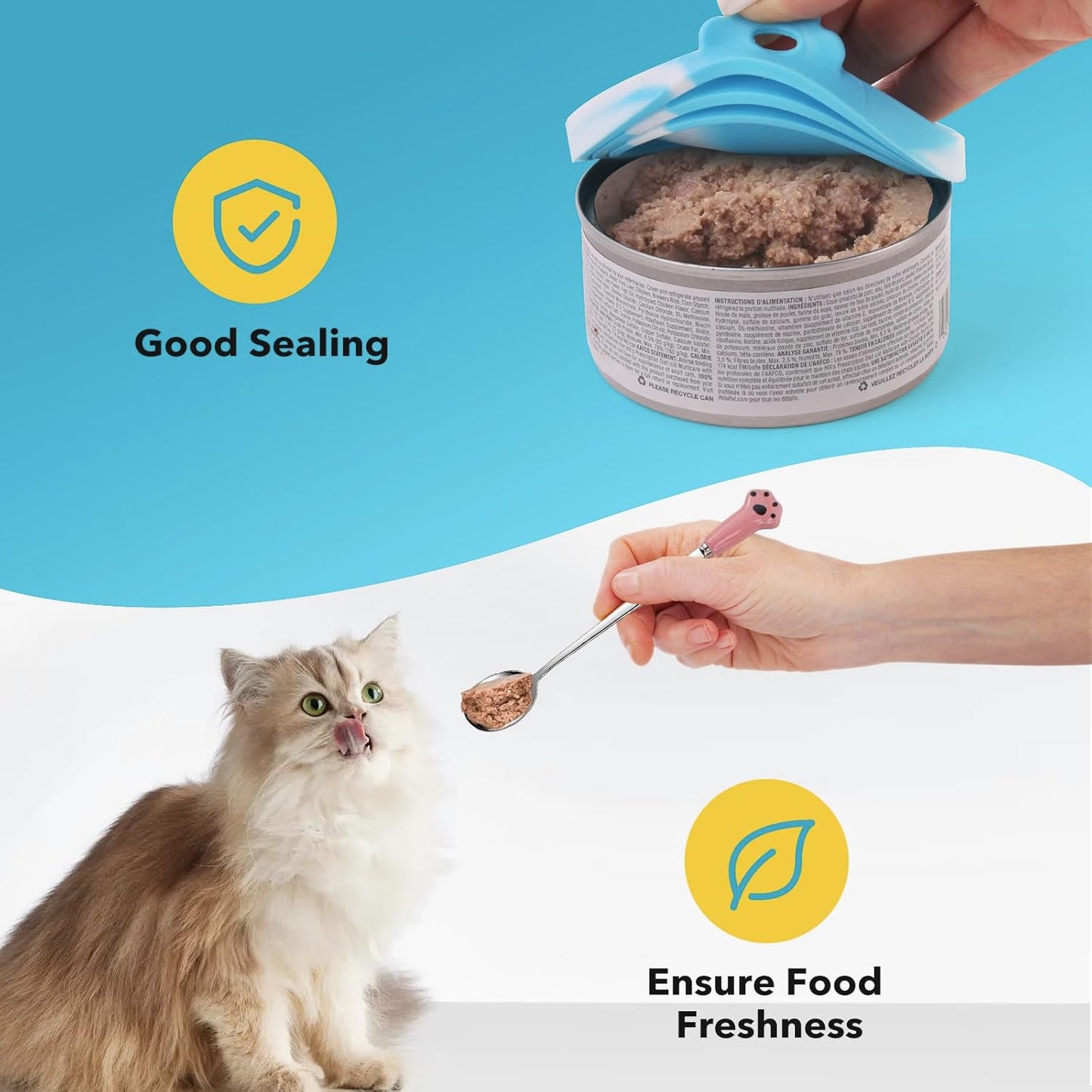 Comtim 5 PCS Pet Food Can Lids & Spoons Set - Silicone Dog Cat Covers With Multi-Function Spatula Opener for Wet Food - Long Handle Easy to Scoop