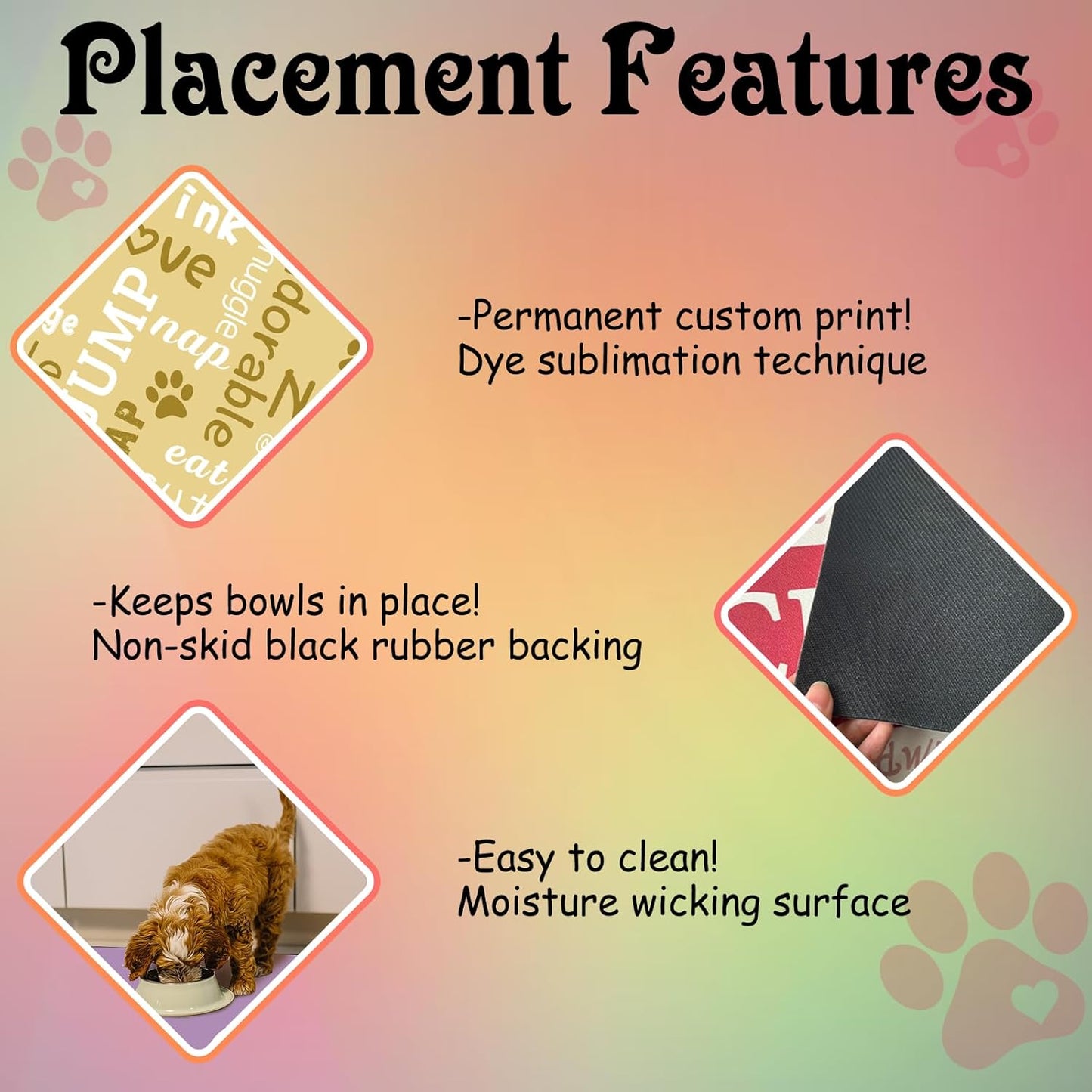 Personalized Dog Cat Feeding Mat Custom Pet Food Mat Waterproof Non-Slip Customized Puppy Name Photo Placemat Dish Rug Floor Protector Gifts for Pets Lover Pattern 1