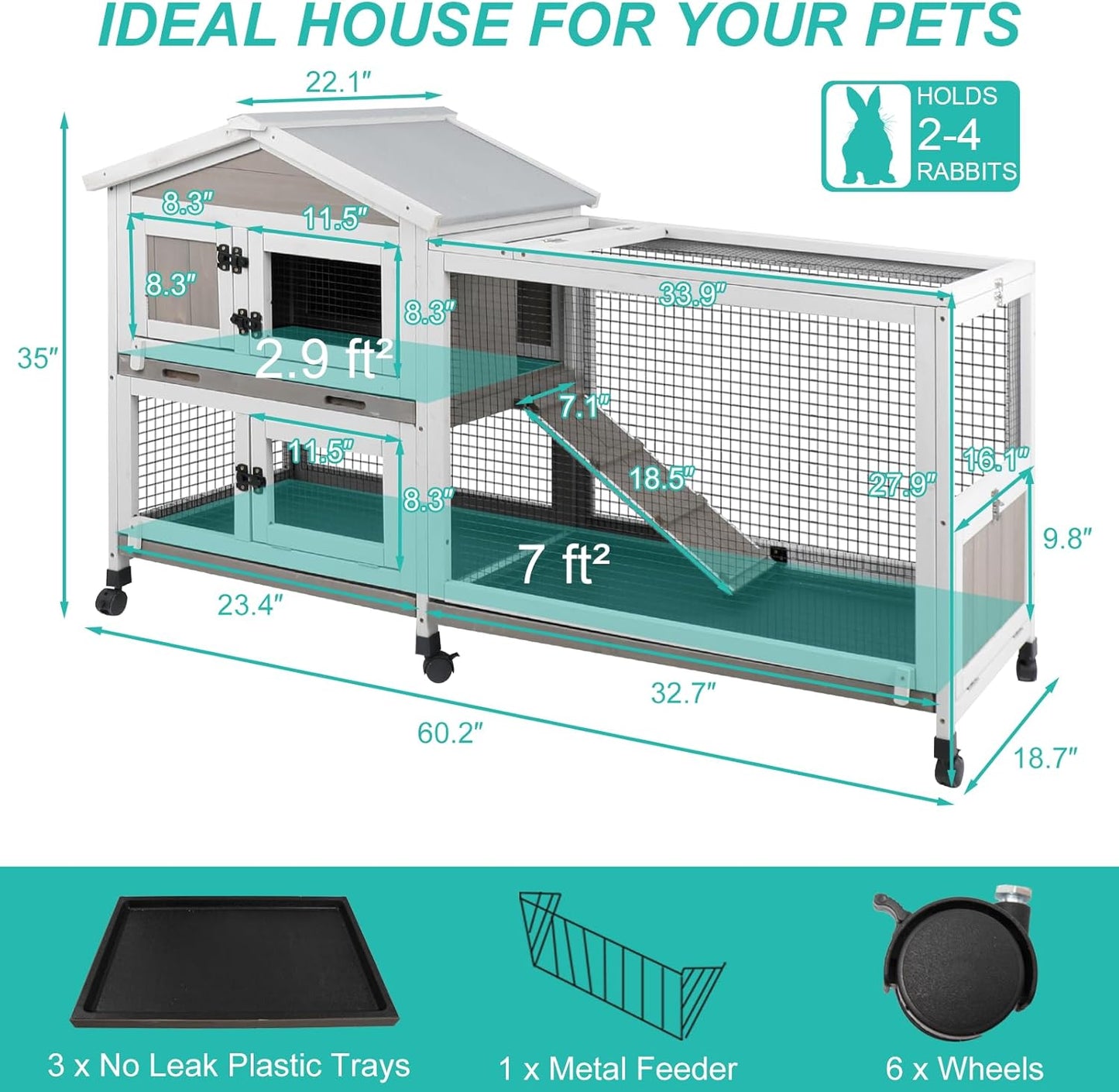 2-Tier Rabbit Hutch with Wheels, Indoor & Outdoor Small Animal Cage with Deep Pull-Out Tray, Anti-Chew Frame, Habitat for Bunny, Guinea Pig, Chinchilla (60" L x 19" W x 35" H)