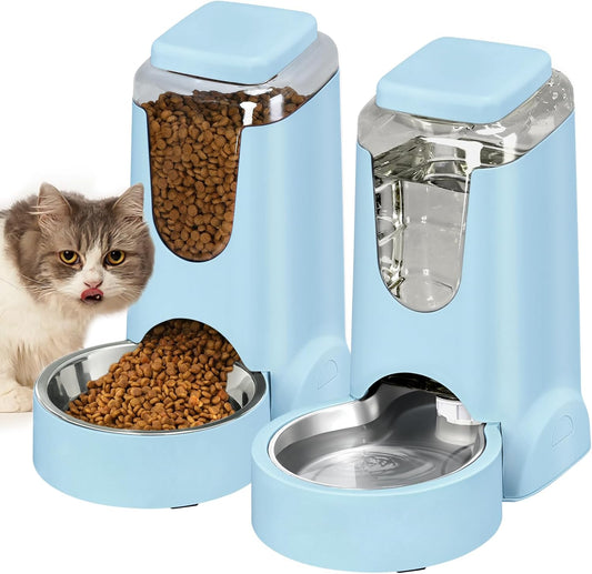 Portable Automatic Cat Feeder and Water Dispenser with Stainless Steel Bowl Dog Gravity Food Feeder and Waterer for Small Medium Pets Puppy Kitten 1 Gallon x 2 (Light Blue（3.8L*2）)