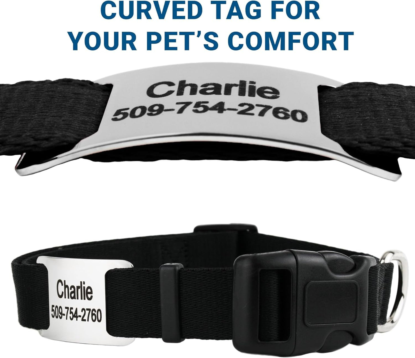 GoTags Reflective Personalized Dog Collar with Nameplate, Adjustable Dog Collar with Custom Engraved Steel Slide On Pet ID Tag, Silent, No Noise Dog Tag for Large Medium or Small (Light Gray, Medium)