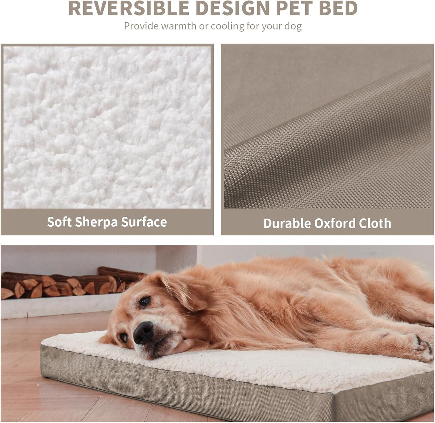 Dog Crate Bed Washable Dog Beds for Large Dogs, Big Waterproof Orthopedic Pet Bed with Egg Crate Foam Pet Mat, Removable Oxford Cooling Cover, Khaki White