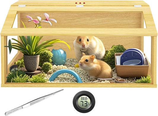 32" Wooden Hamster Cage, Chewproof Gerbil Cages and Habitats, Openable Top Roof Window with Silencing Pad, Guinea Pig Cage for Small Animals, Dwarf and Syrian Hamster, 32 x 16 x 16 Inches