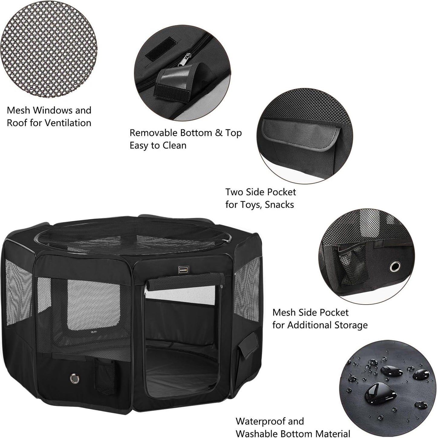 DONORO Dog Playpen Portable Pet Play Pens for Small Dog/Cat/Rabbit/Chicks, Cat Playpen Indoor/Outdoor with Carring Case, Removable Zipper Top and Bottom (Black, Medium (36"x36"x20"), 8)