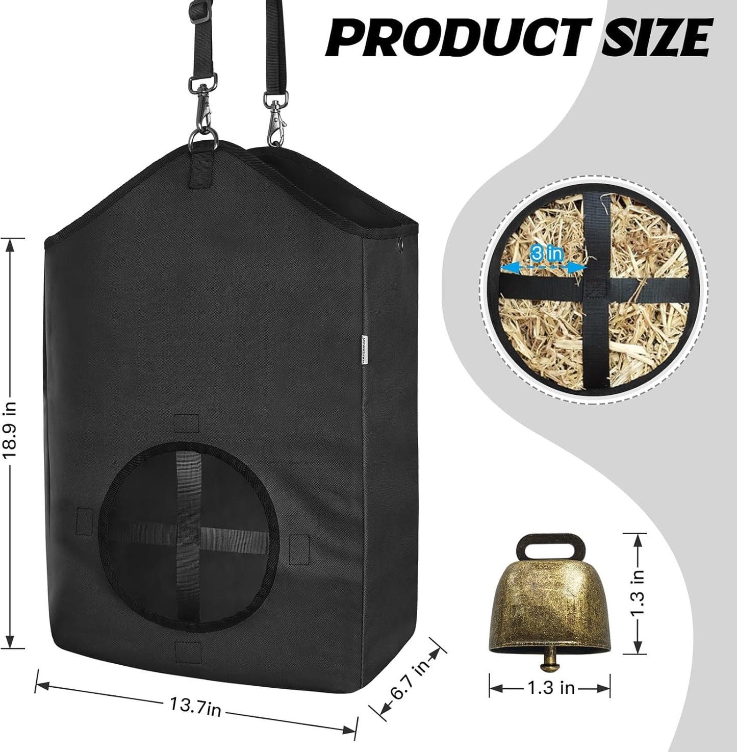 3 PCS Goat Hay Feeder,Hay Bags for Horses,Goats,Donkeys with Reinforced Oxford Fabric and High Strength Metal Clasp,Horse Feeding Supplies with Adjustable Strap for Easy Hanging (3Black)
