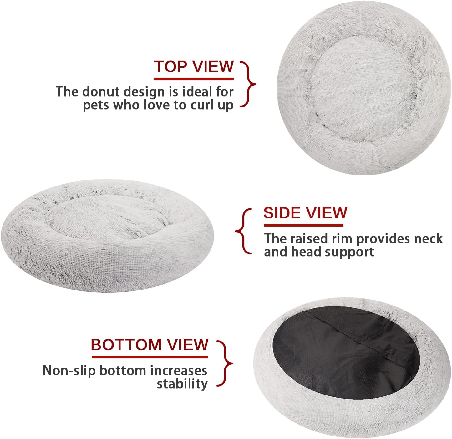 Bedfolks Calming Donut Dog Bed, 36 Inches Round Fluffy Dog Beds for Large Dogs, Anti-Anxiety Plush Dog Bed, Machine Washable Pet Bed (Light Grey, Large)