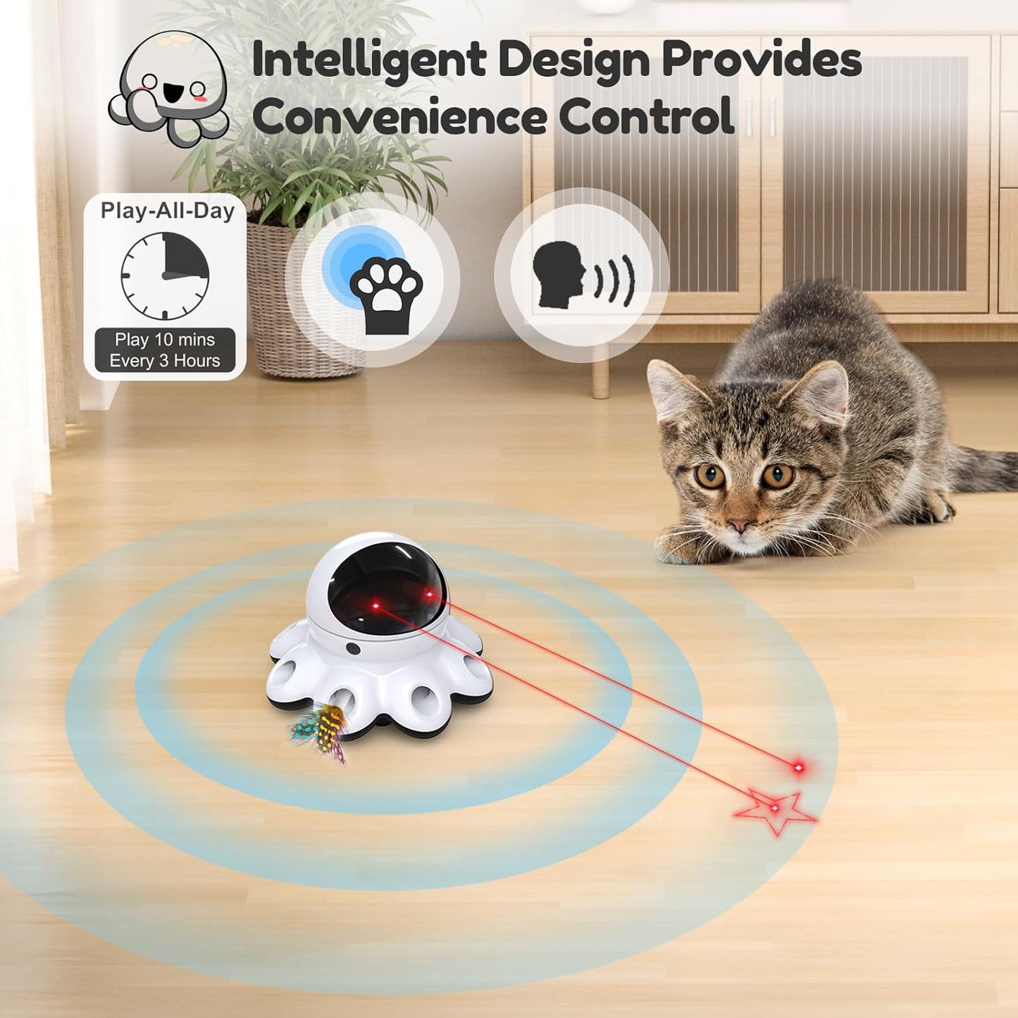 ORSDA Cat Laser Toy, 2-in-1 Interactive Automatic Motion Activated Moving 8 Holes Whack A Mole Feather, USB Rechargeable Electronic Smart Sensor Kitten Toys for Indoor Exercise