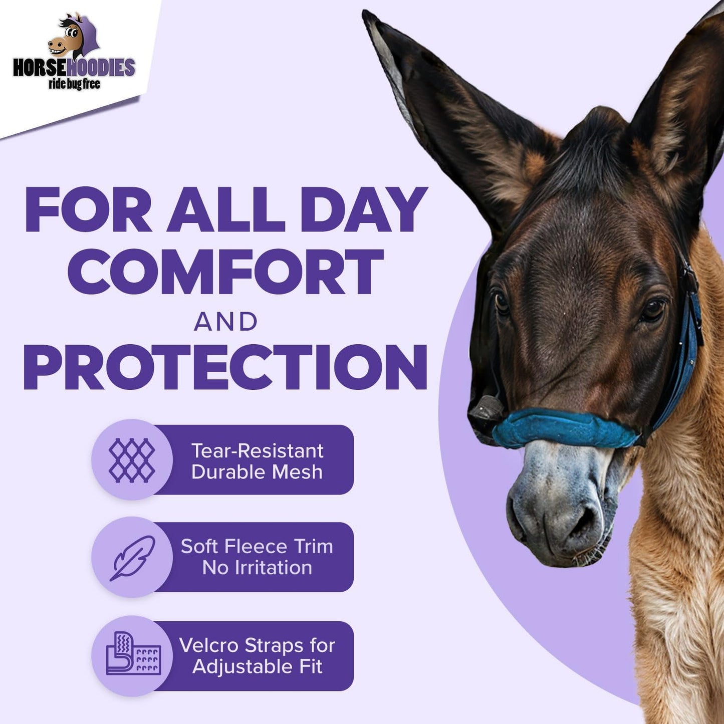 Donkey Fly Mask with Long Ears (Orange) Half Hoodie for Standard Donkey, Made in USA - Mule Fly Mask with Ears Protection from Insects and Bugs, Face Cover Soft Mesh Fabric with Adjustable Fastener