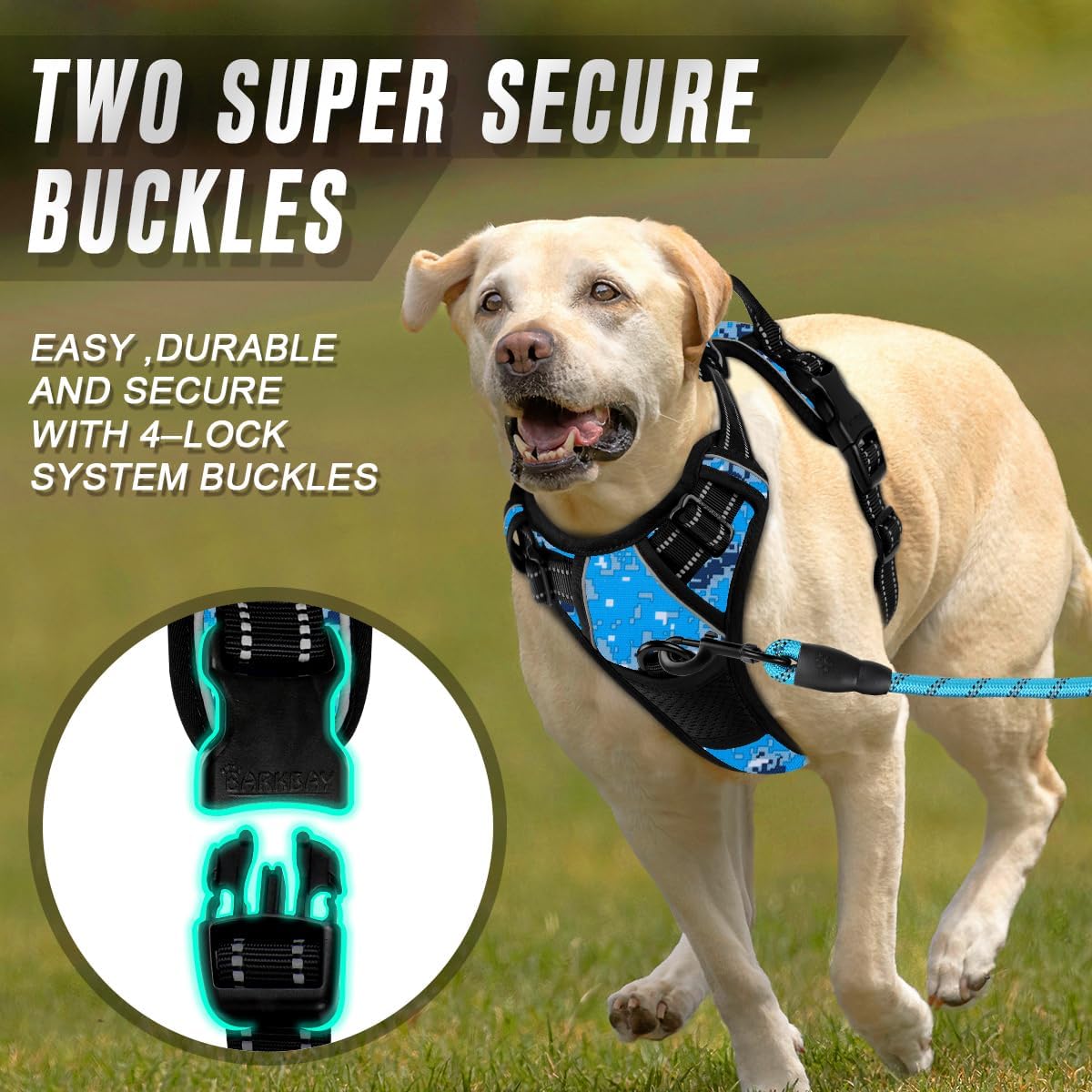 BARKBAY No Pull Dog Harness Front Clip Heavy Duty Reflective Easy Control Handle for Large Dog Walking(Blue camo,M)