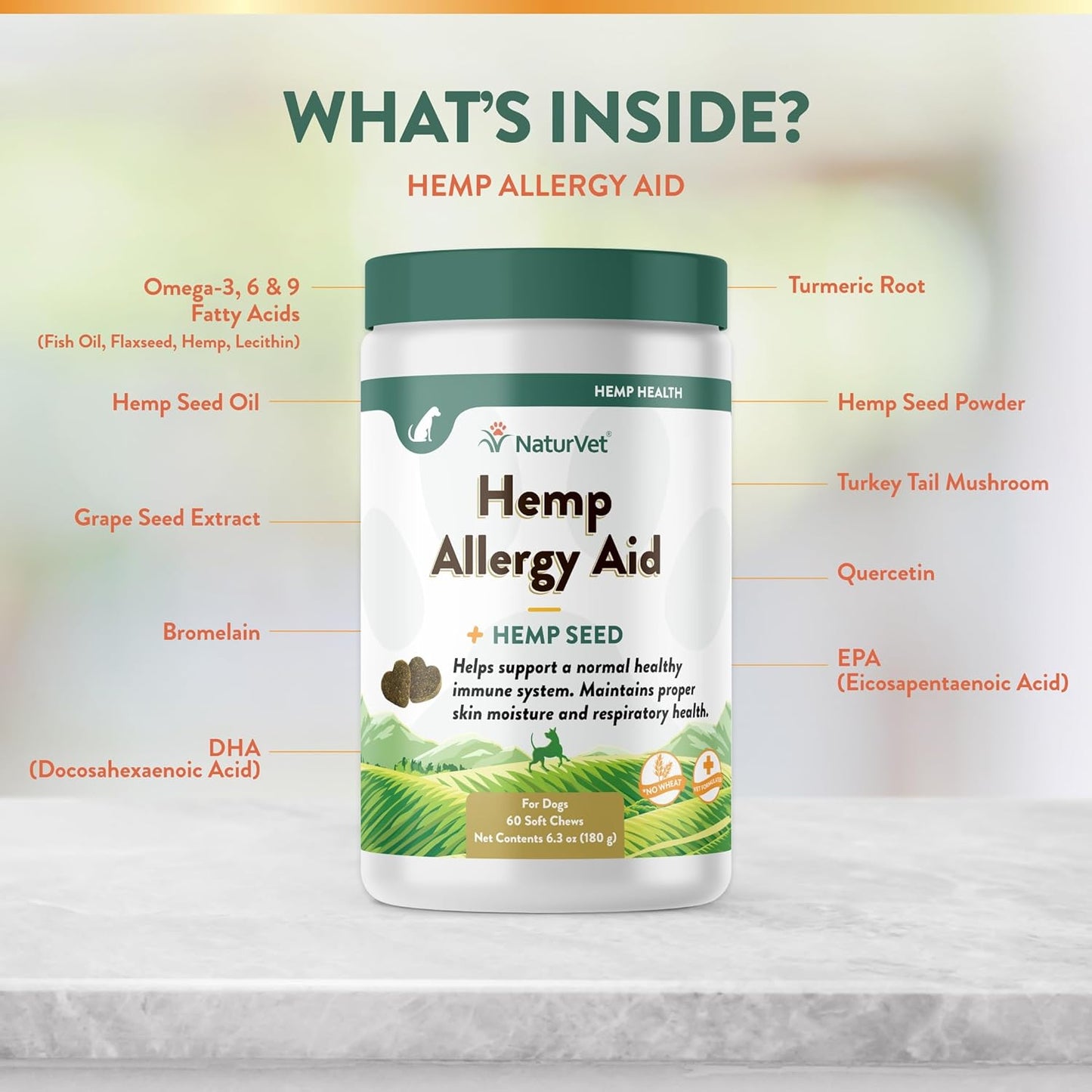 NaturVet Hemp Allergy Aid Supplement for Dogs, Hemp Seed, Antioxidants, Omegas, Dha & Epa for Healthy Skin & Respiratory Health, 60 Count