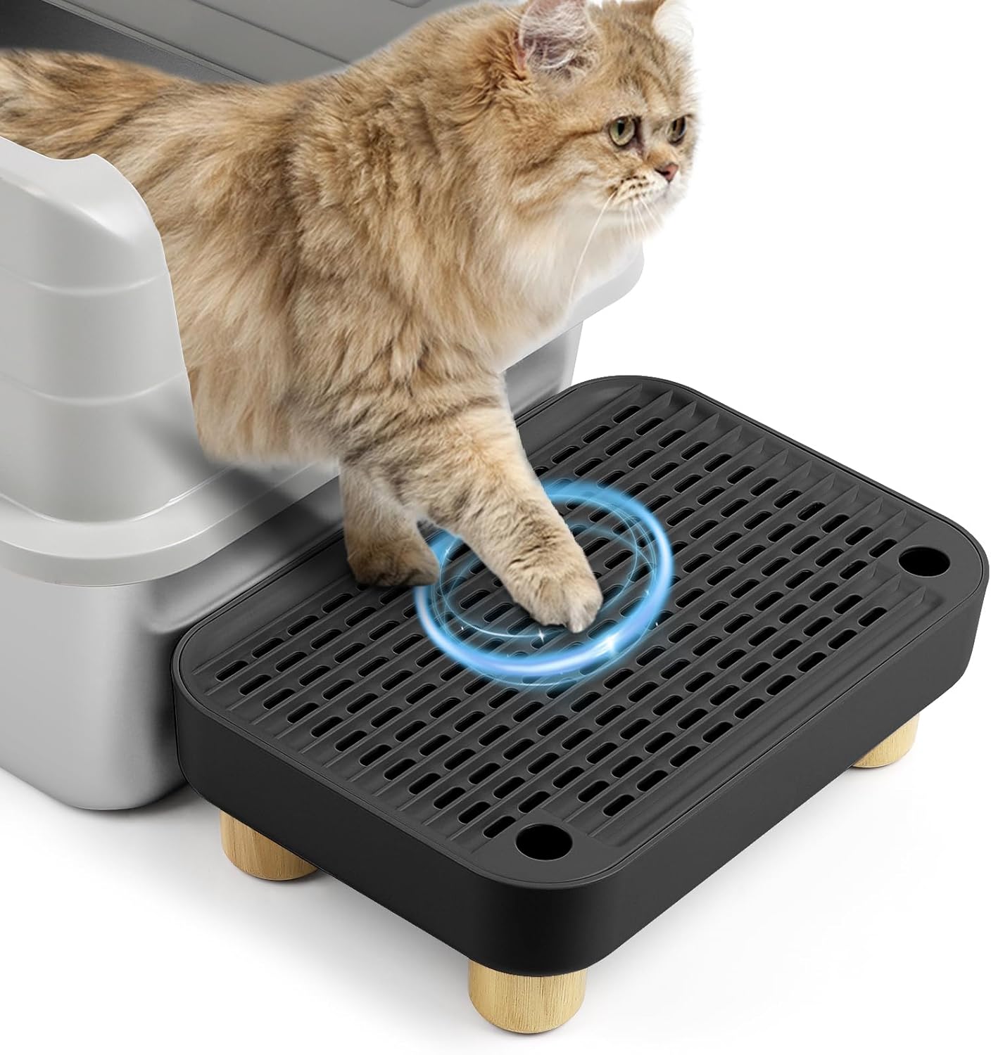 Cat Litter Box Step Ramp, Cat Litter Catcher Mat with Wooden Feet, Filter Function, Cat Pedal Stool for Self-Cleaning Cat Litter Box, Ideal for Kitten & Elderly Cats (Black)