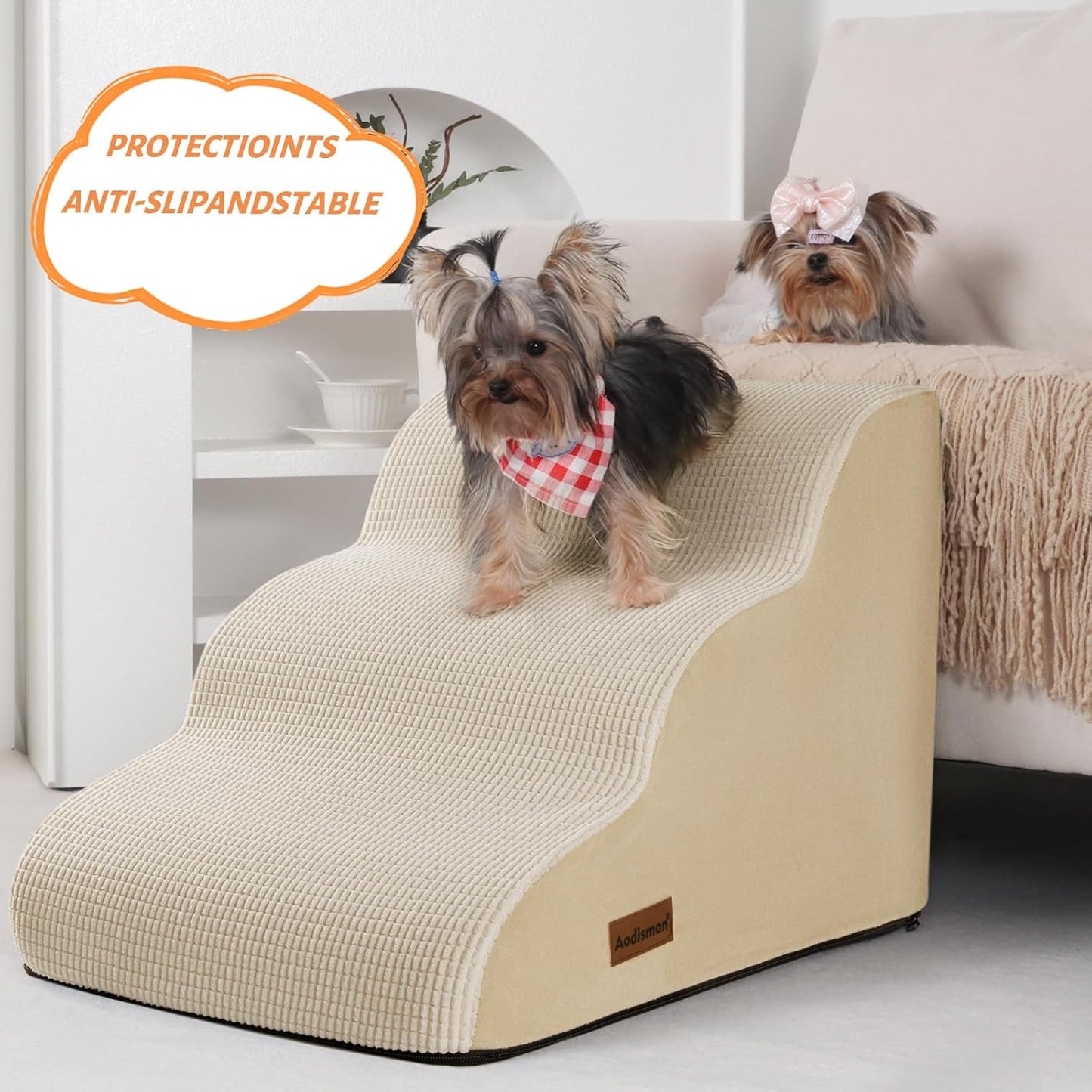 3-Step Dog Ramp and Stairs for Sofa and Chair - Non-Slip Sturdy Pet Steps for Small Dogs and Cats,15.7" H,Beige