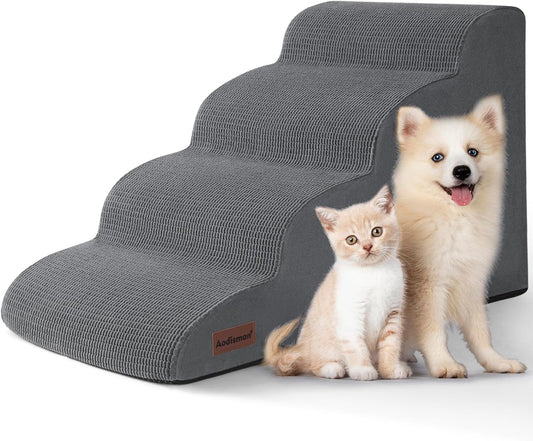 4-Step Dog Stairs and Ramp for Beds or Couches – Non-Slip Sturdy Pet Steps for Small Dogs and Cats,17.4" H,Grey