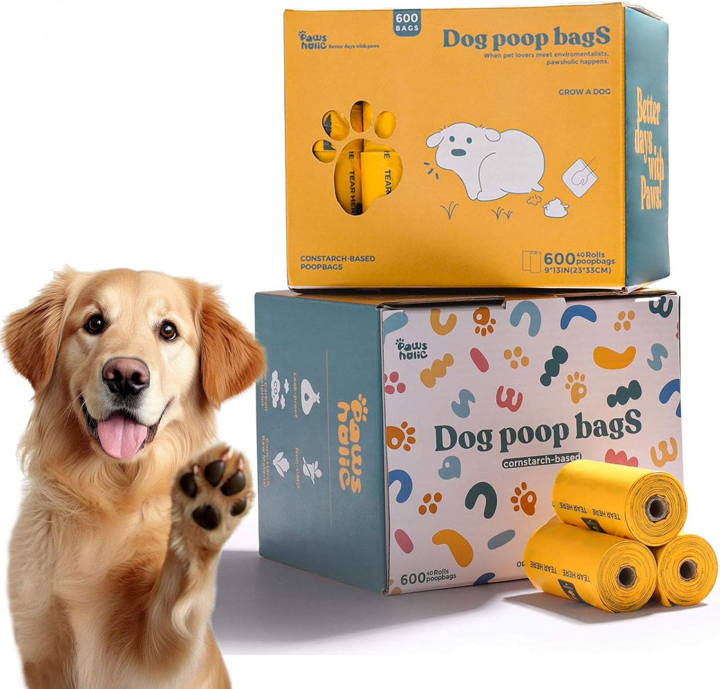 Dog Poop Bags Rolls Biodegradable 100% Leak Proof Thickened Dog Waste Bags - 600 Count 40 Rolls - Cornstarch Based Doggie Poop Bag for Small and Big Dogs(Unscented)