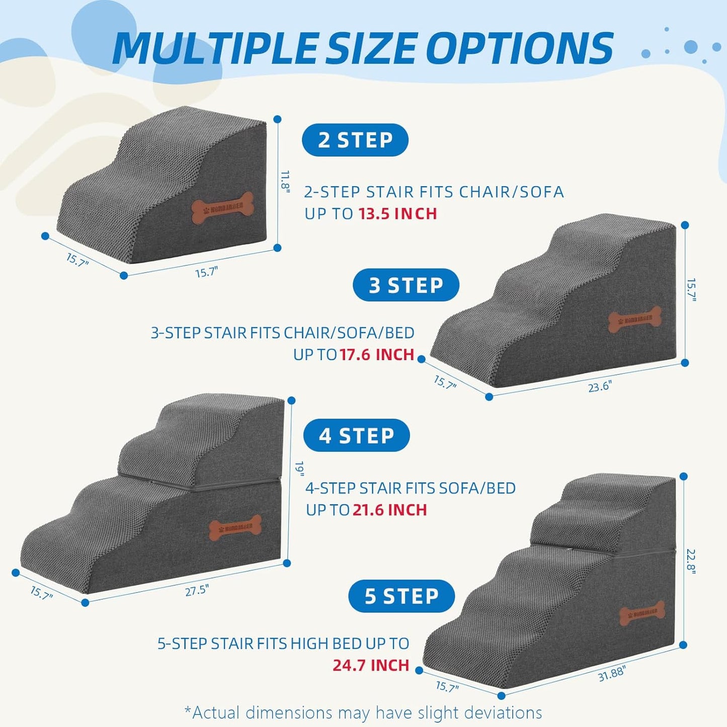 5-Step Spliceable Pet Stairs: Indoor& Outdoor Multi-Use with a Removable Cover and a Pocket, Best for Small Pets and Older Dogs Who Has Spine and Arthritis Issues to Get on High Beds, Grey（22.8" H