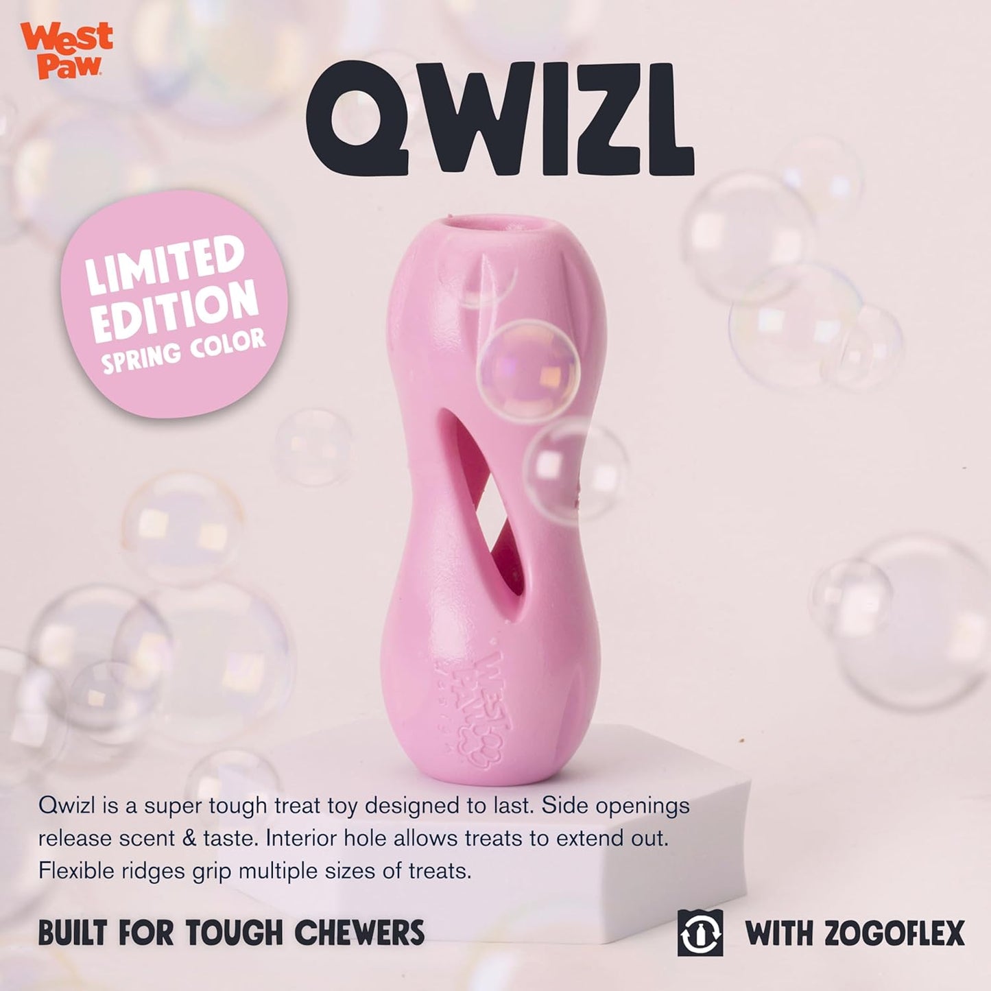 WEST PAW Zogoflex Qwizl Dog Puzzle Treat Toy – Interactive Chewing for Dogs – Dispenses Pet Treats – Brightly-Colored Dog Enrichment Toy for Aggressive Chewers, Fetch, Catch, Large 6.5", Bubblegum