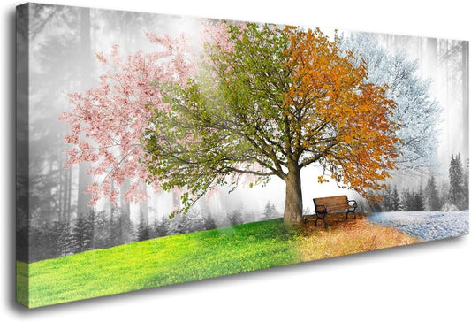 Jiuqinghua Canvas Prints Wall Art Decor Large Four Seasons Tree Picture 1 Panel Spring Summer Autumn Winter Tree Painting Artwork for Dining Room Kitchen Home Decor Stretched and Framed Ready to Hang
