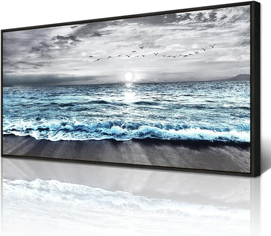 Wapluam Large Black Framed Wall Art For Living Room Wall Decorations For Bedroom Office Wall Decor Black And White Wall Painting Blue Sea Wave Pictures Artwork For Modern Beach Canvas Prints Poster