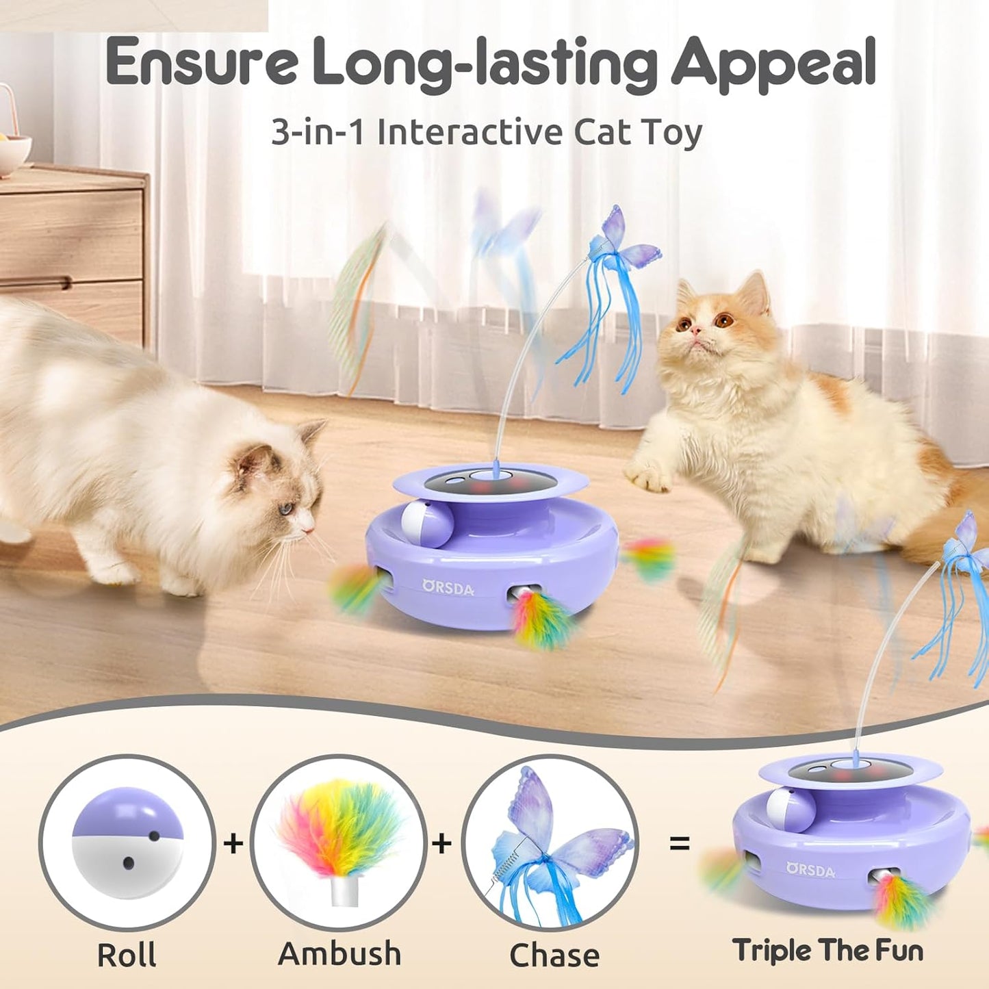 ORSDA Cat Toy, 3-in-1 Automatic Interactive Electronic Moving Ambush Feather, Fluttering Butterfly, Track Balls, USB Rechargeable Powered Smart Indoor Exercise Kicker