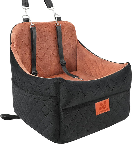 Dog Car Seat for Small/Medium Dogs, Dog Booster Car Seats with Thick Cushion for Dogs Under 35lbs, Detachable Washable Pet Car Seat with Storage Pockets, 2 Safety Belts(Black/Brown)