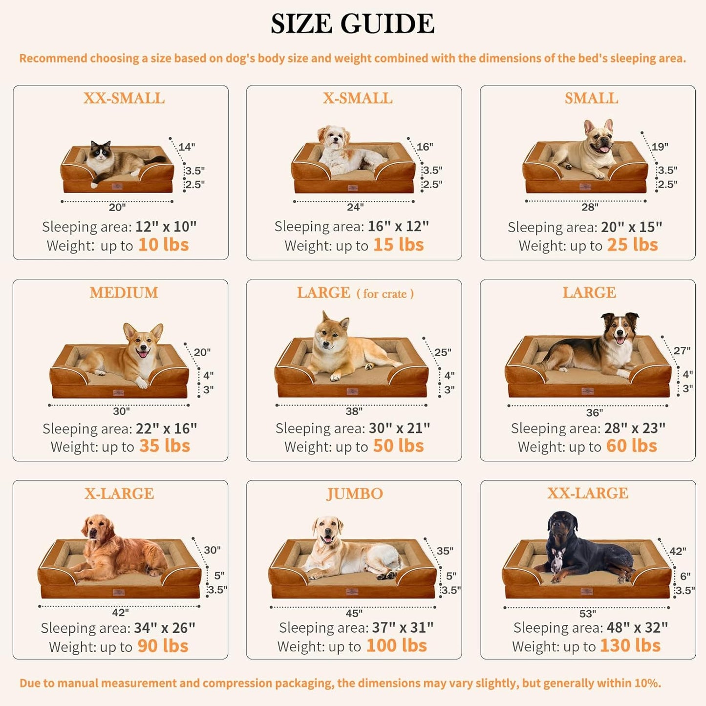 Comfort Expression Small Dog Beds Waterproof Orthopedic Foam Dog Sofa Beds for Medium Dogs Comfy Pet Bed with Washable Removable Cover & Non-Slip Bottom(Small,Caramel)