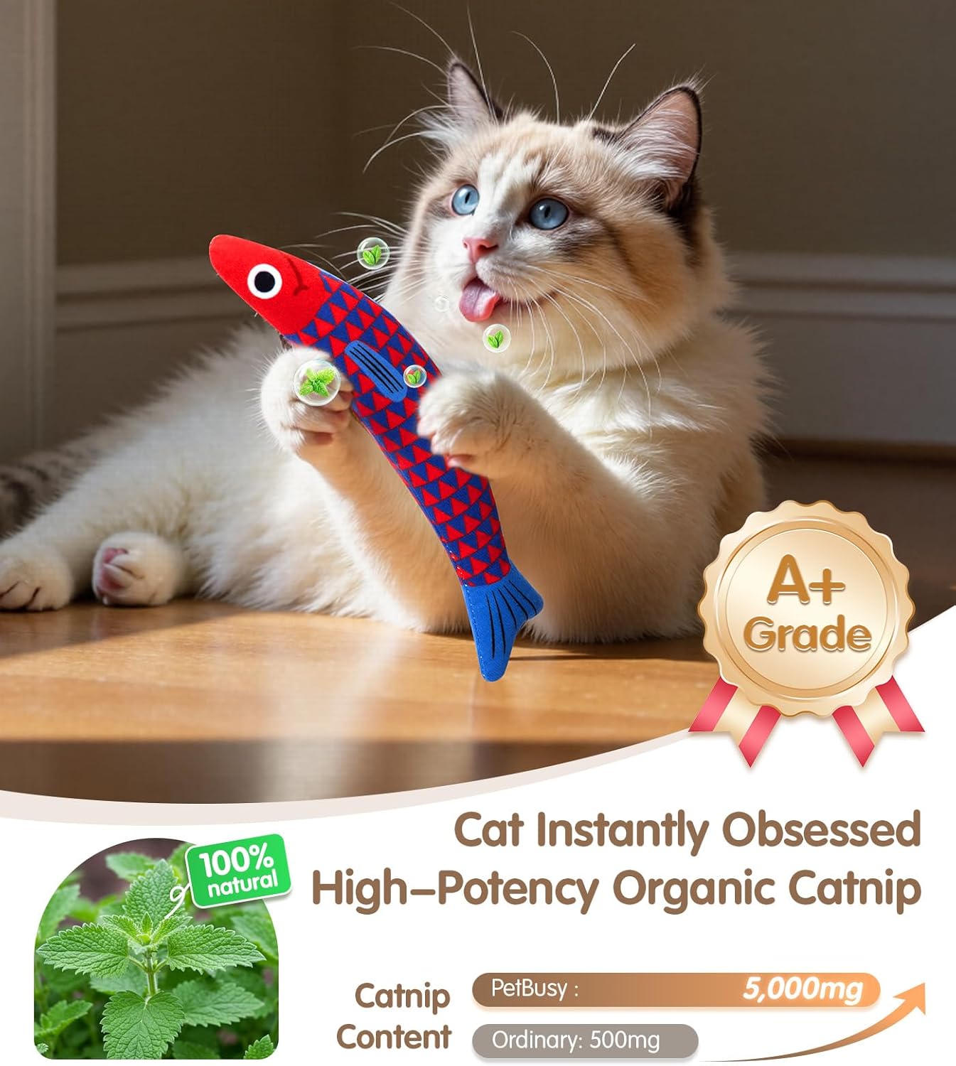Interactive Cat Toys with[5000mg Premium A+Catnip][Baby Grade] Soft Chew Kicker Cat Toys for Indoor Cats & Kittens, Crinkle &Rattle Fish Sound Toy, Drives Bored Cats Crazy with Fun,3 Pack