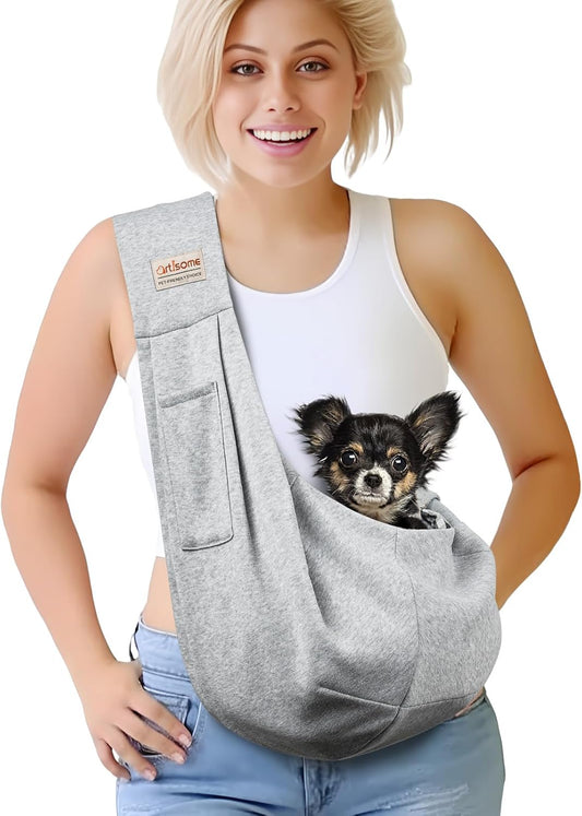 Pet Dog Sling Carrier for 3-10 lbs pet,Dog Purse Pouch,Dog Satchel,Reversible unadjustable Strap Travel Hand-Free Safe Bag Small Puppy Backpack (Grey)